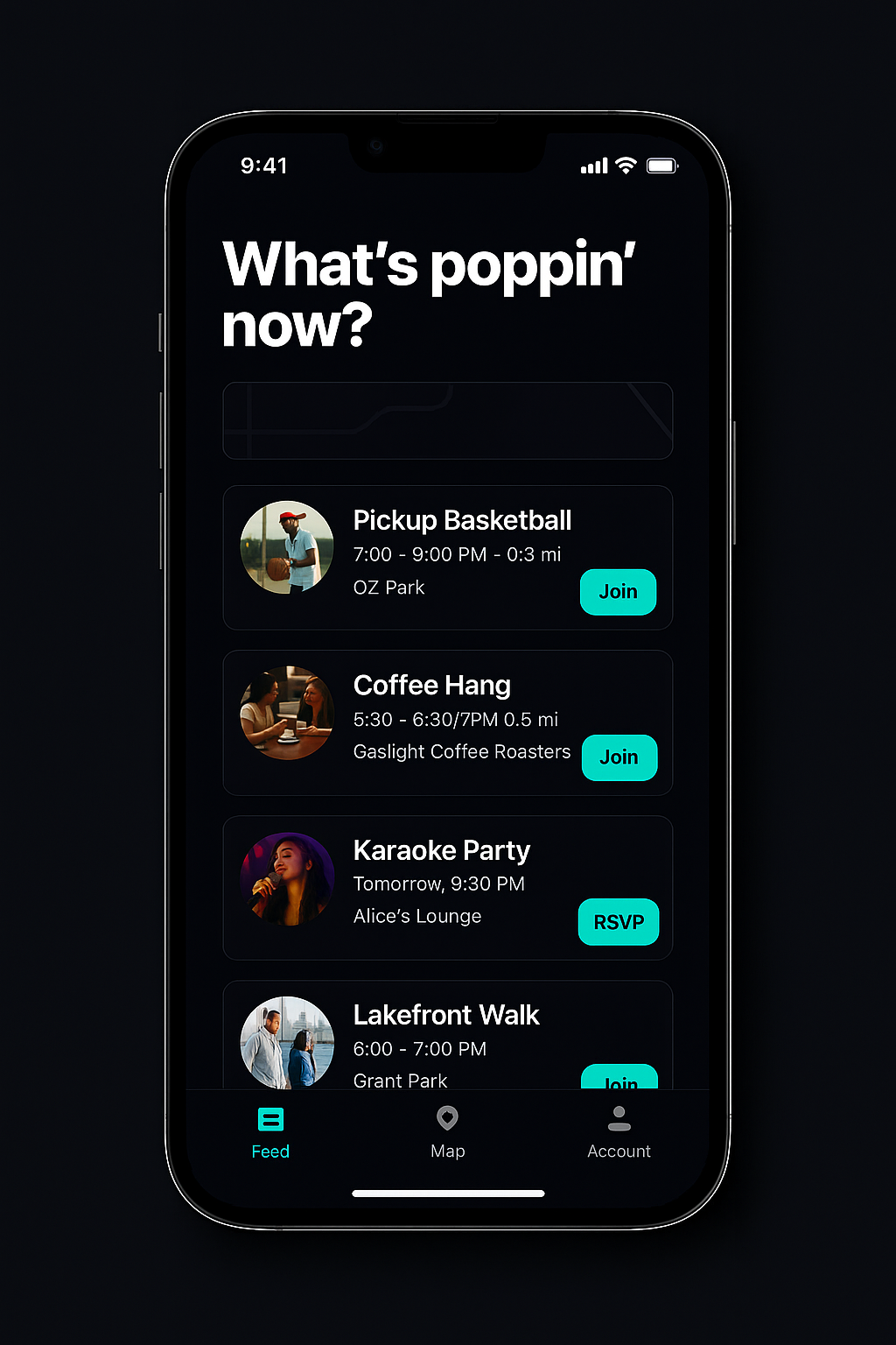 Preview of the Spontiq mobile app in dark mode